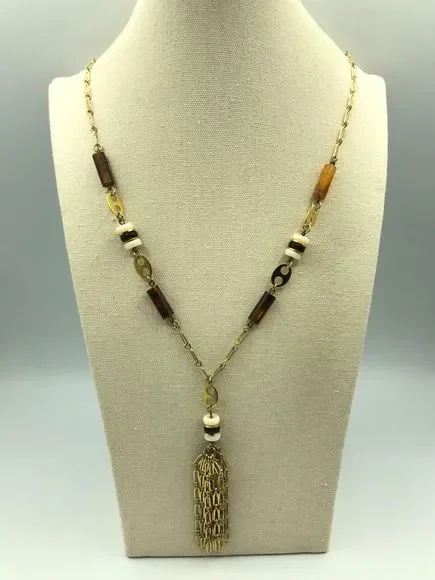 VINTAGE Gold Tone Tassel Beaded Pendant Retro Necklace, Disco Party Studio 54 - Picture 1 of 16